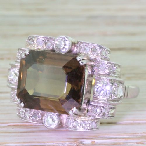 Art Deco 8.14 Carat Greenish Brown Sapphire Cocktail Ring, Circa 1935
