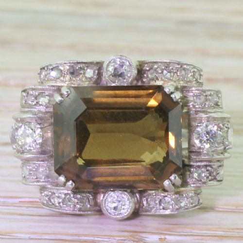 fig 1. Art Deco 8.14 Carat Greenish Brown Sapphire Cocktail Ring, circa 1935