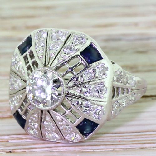 Art Deco 0.99 Carat Old European Cut Diamond & Sapphire Ring, Circa 1940

