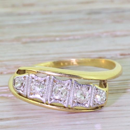 fig 1. Art Deco 0.40 Carat Old Cut Diamond Five Stone Crossover Ring, circa 1915