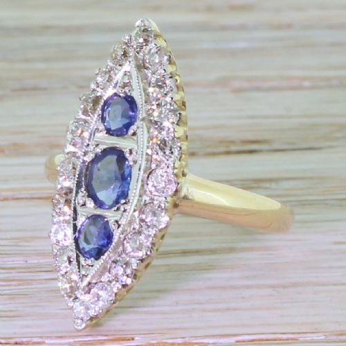 Art Deco Sapphire & Old Cut Diamond Navette Ring, Circa 1930
