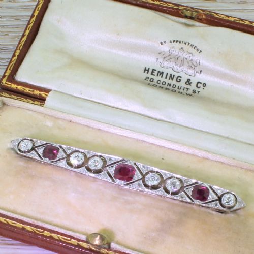 Art Deco Old Cut Diamond & Burmese Ruby Bar Brooch, Circa 1915
