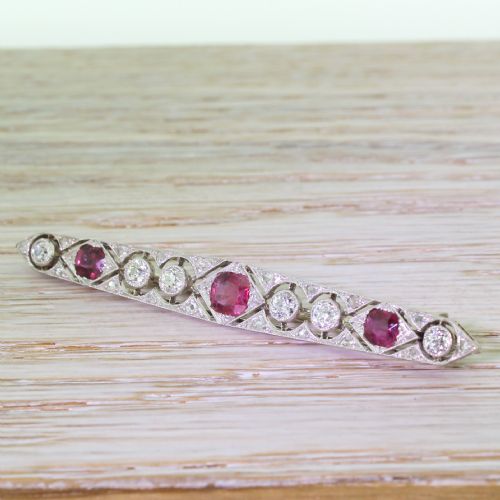 fig 1. Art Deco Old Cut Diamond & Burmese Ruby Bar Brooch, circa 1915