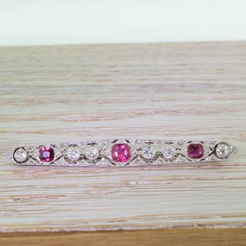 fig 2. Art Deco Old Cut Diamond & Burmese Ruby Bar Brooch, circa 1915