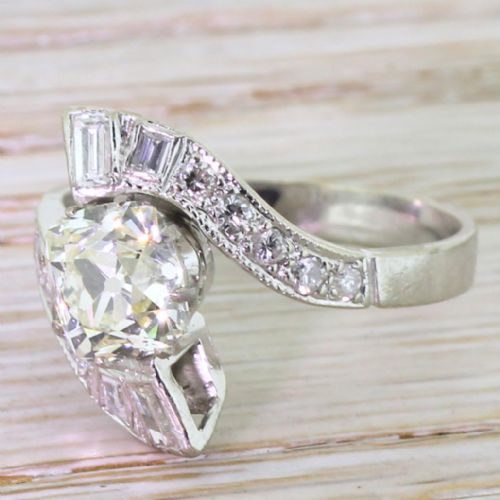 Art Deco 1.89 Carat Old Cushion Cut Diamond Crossover Ring, Circa 1940
