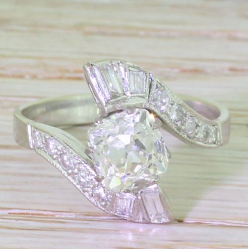fig 1. Art Deco 1.89 Carat Old Cushion Cut Diamond Crossover Ring, circa 1940