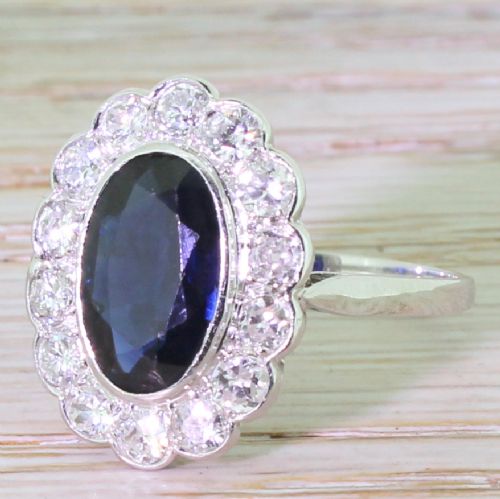 Mid Century 3.00 Carat Sapphire & Diamond Cluster Ring, French, Circa 1950
