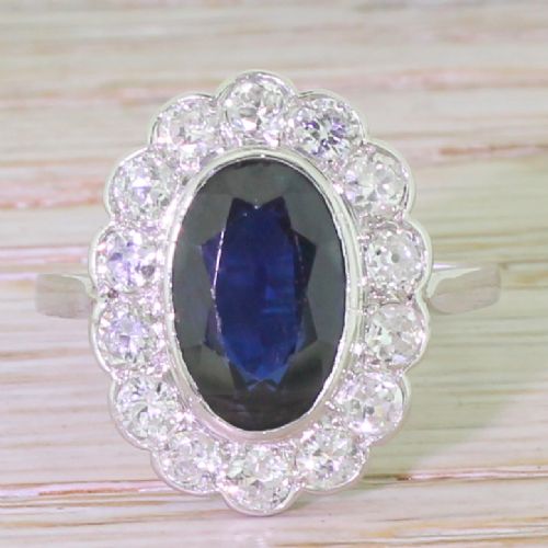 fig 1. Mid Century 3.00 Carat Sapphire & Diamond Cluster Ring, French, circa 1950