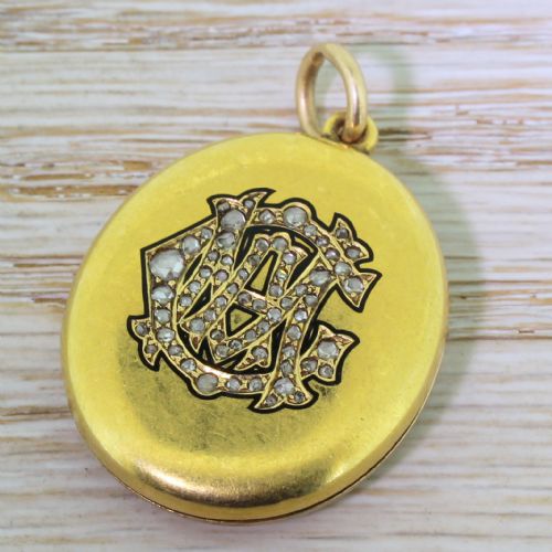 Victorian Rose Cut Diamond & Black Enamel Locket, Circa 1900
