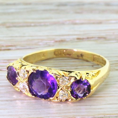 Victorian 1.35 Carat Amethyst & Old Cut Diamond Trilogy Ring, Circa 1900
