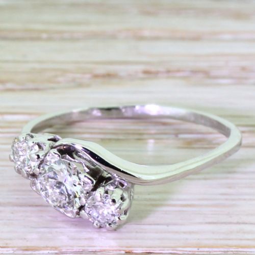 Art Deco 0.70 Carat Transitional Cut Diamond Trilogy Crossover Ring, Circa 1940
