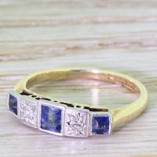 Art Deco Step-cut Sapphire & Diamond Five Stone Ring, Circa 1935
