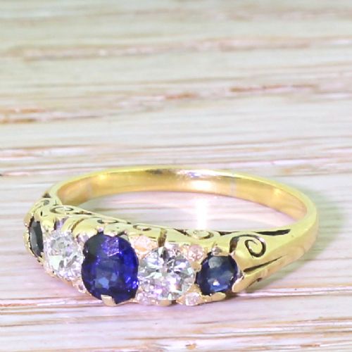 Victorian Sapphire & Old Cut Diamond Five Stone Ring, Circa 1900
