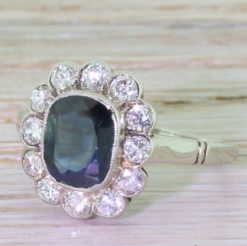 Mid Century 2.25 Carat Sapphire & Diamond Cluster Ring, Circa 1950
