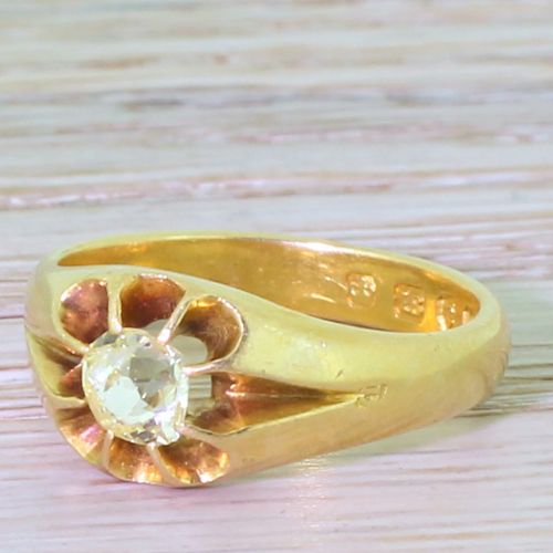 Victorian 0.45 Carat Fancy Light Yellow Old Cut Diamond Solitaire Ring, Dated 1879

