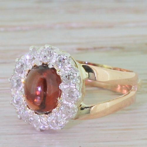 Victorian Cabochon Garnet & Old Cut Diamond Cluster Ring, Circa 1900
