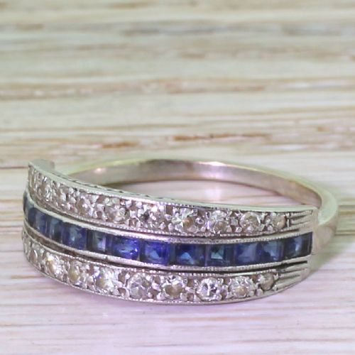 Art Deco Step Cut Sapphire & Diamond Three Row Band Ring, Circa 1925
