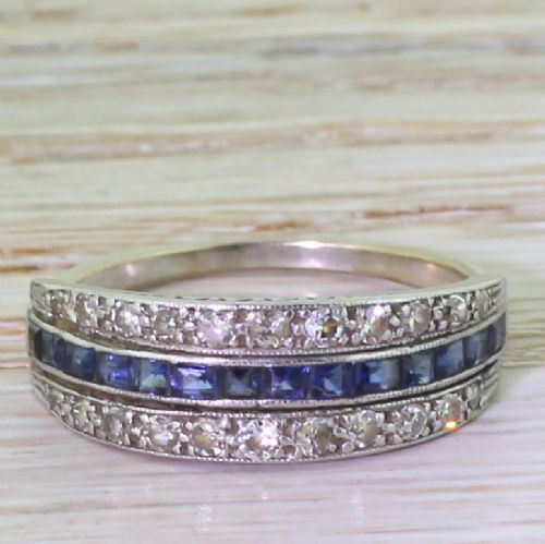 fig 1. Art Deco Step Cut Sapphire & Diamond Three Row Band Ring, circa 1925