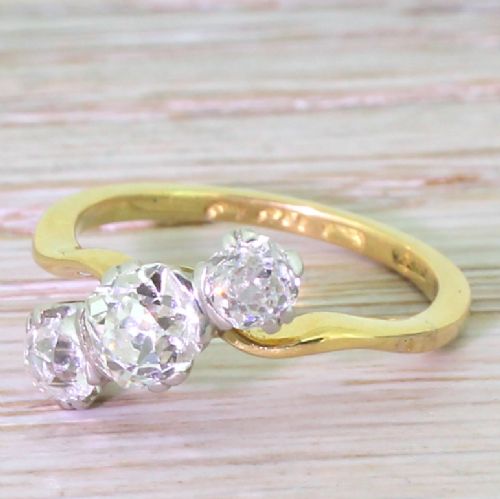Art Deco 1.28 Carat Old Cut Diamond Trilogy Crossover Ring, Circa 1915
