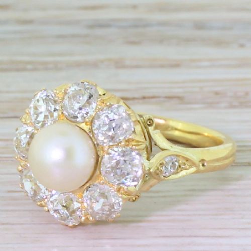 Victorian Natural Pearl & 2.00 Carat Old Cut Diamond Cluster, Circa 1870
