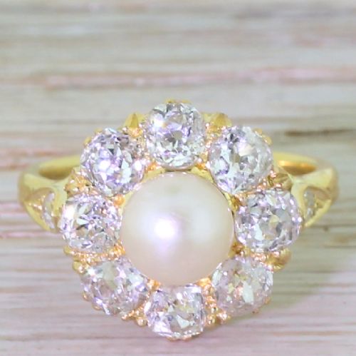 fig 1. Victorian Natural Pearl & 2.00 Carat Old Cut Diamond Cluster, circa 1870