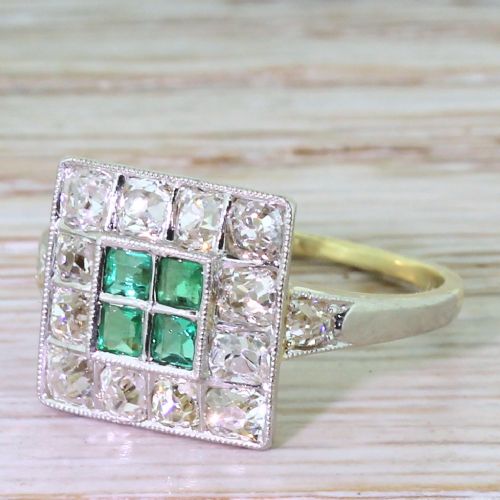 Art Deco Emerald & Old Cut Diamond Square Cluster Ring, Circa 1925
