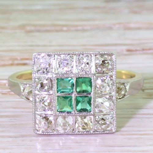 fig 1. Art Deco Emerald & Old Cut Diamond Square Cluster Ring, circa 1925