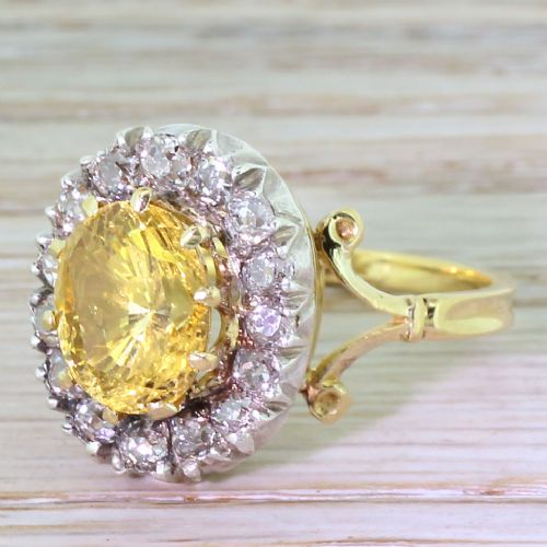 Victorian 4.69 Carat Yellow Sapphire & Old Cut Diamond Ring, Circa 1900
