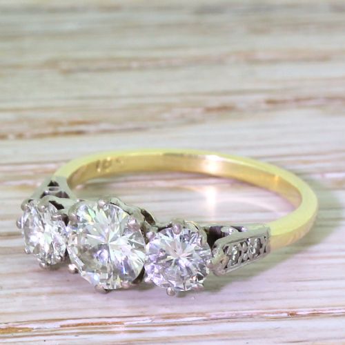 Mid Century 1.82 Carat Transitional Cut Diamond Trilogy Ring, Circa 1950
