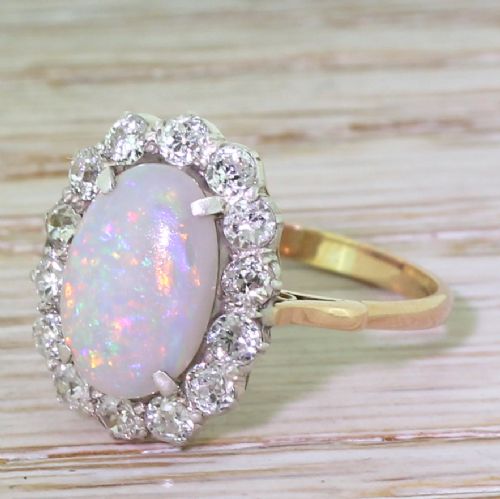 Art Deco Opal & Old Cut Diamond Oval Cluster Ring, Circa 1920
