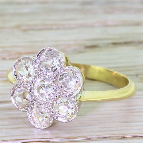 Edwardian 2.10 Carat Old Cut Diamond Daisy Cluster Ring, Circa 1910
