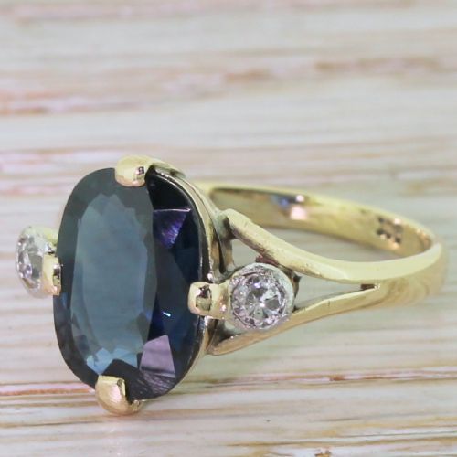 Art Deco 3.00 Carat Oval Sapphire & Old Cut Diamond Ring, Circa 1920
