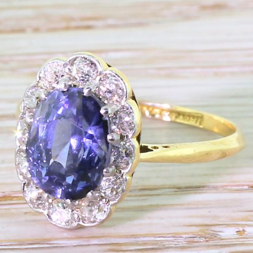 Art Deco 3.00 Carat Sapphire & Old Cut Diamond Cluster Ring, Circa 1925
