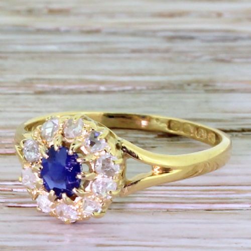 Victorian 0.25 Carat Sapphire & Rose Cut Diamond Cluster Ring, Dated 1890
