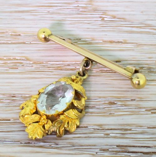 Victorian 3.00 Carat Aquamarine Foliate Drop Pin, Circa 1900
