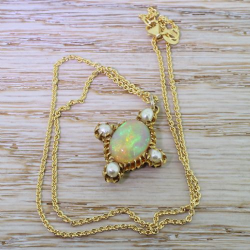 Victorian 3.00 Carat Opal & Seed Pearl Pendant, Circa 1890
