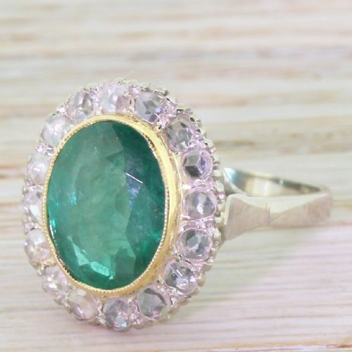 Art Deco 5.70 Carat Emerald & Rose Cut Diamond Cluster Ring, Circa 1940
