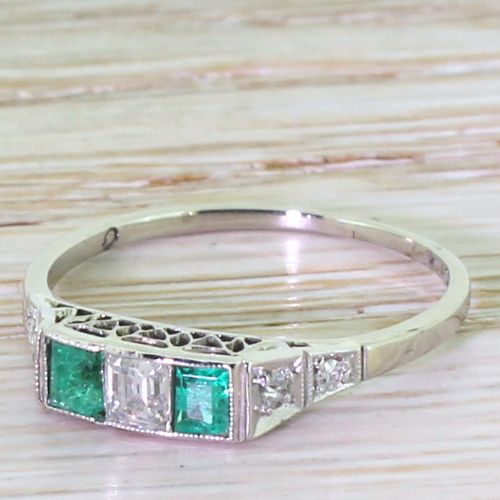 Art Deco Step Cut Diamond & Emerald Three Stone Ring, Circa 1915
