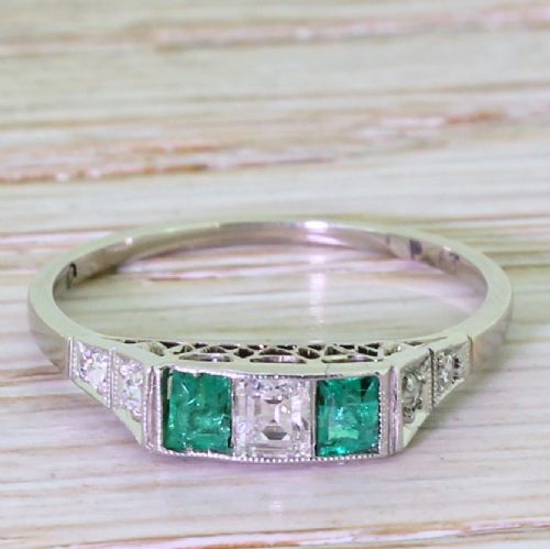 fig 1. Art Deco Step Cut Diamond & Emerald Three Stone Ring, circa 1915