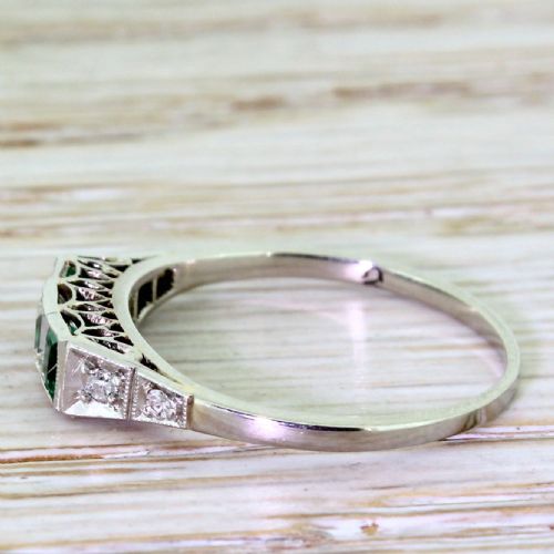 fig 2. Art Deco Step Cut Diamond & Emerald Three Stone Ring, circa 1915