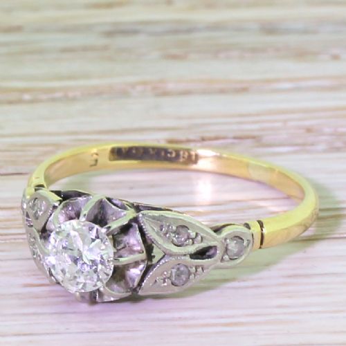 Art Deco 0.50 Carat Transitional Cut Diamond Engagement Ring, Circa 1940
