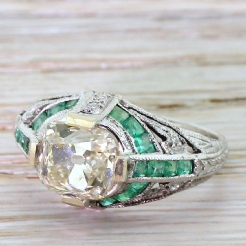 Art Deco 2.01 Carat Old Cut Diamond “Emeralds” Engagement Ring, Circa 1935