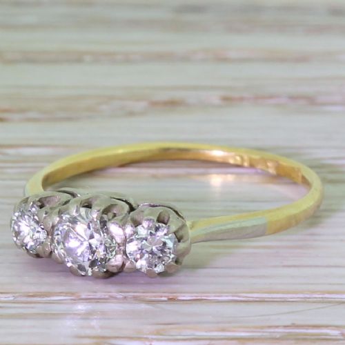 Art Deco 0.65 Carat Transitional Cut Diamond Trilogy Ring, Circa 1935
