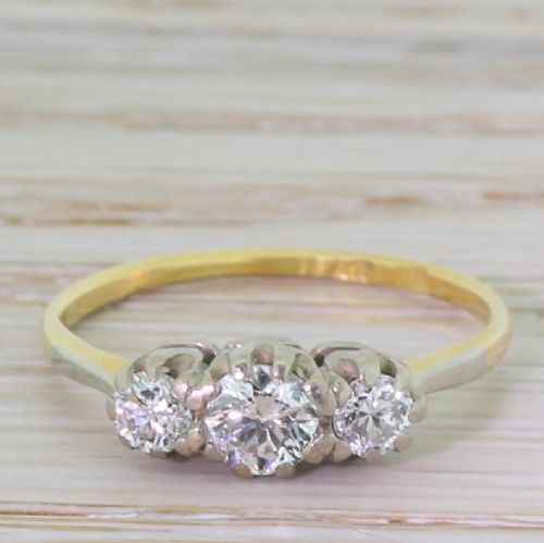 fig 1. Art Deco 0.65 Carat Transitional Cut Diamond Trilogy Ring, circa 1935