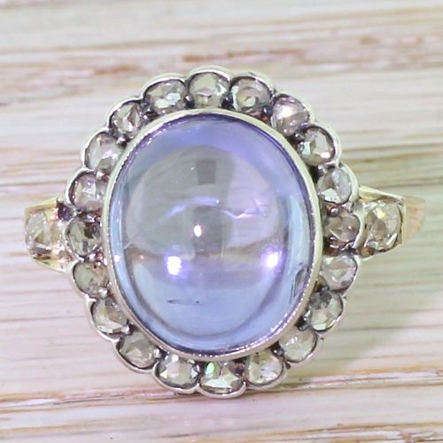 fig 1. Victorian 6.00 Carat Sky Blue Cabochon Sapphire & Rose Cut Diamond Ring, circa 1880
