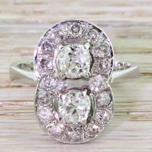 fig 1. Retro 2.08 Carat Old Cut Diamond Double Cluster Ring, circa 1945
