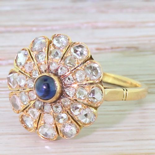Edwardian Cabochon Sapphire & Rose Cut Diamond Cluster Ring, Circa 1910

