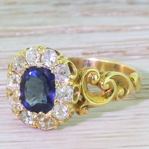 Victorian Cushion Cut Sapphire & Old Cut Diamond Cluster Ring, Dated 1858
