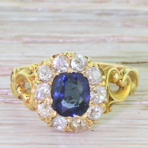 fig 1. Victorian Cushion Cut Sapphire & Old Cut Diamond Cluster Ring, dated 1858
