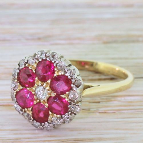 Art Deco 0.90 Carat Ruby & Old Cut Diamond Cluster Ring, Circa 1920
